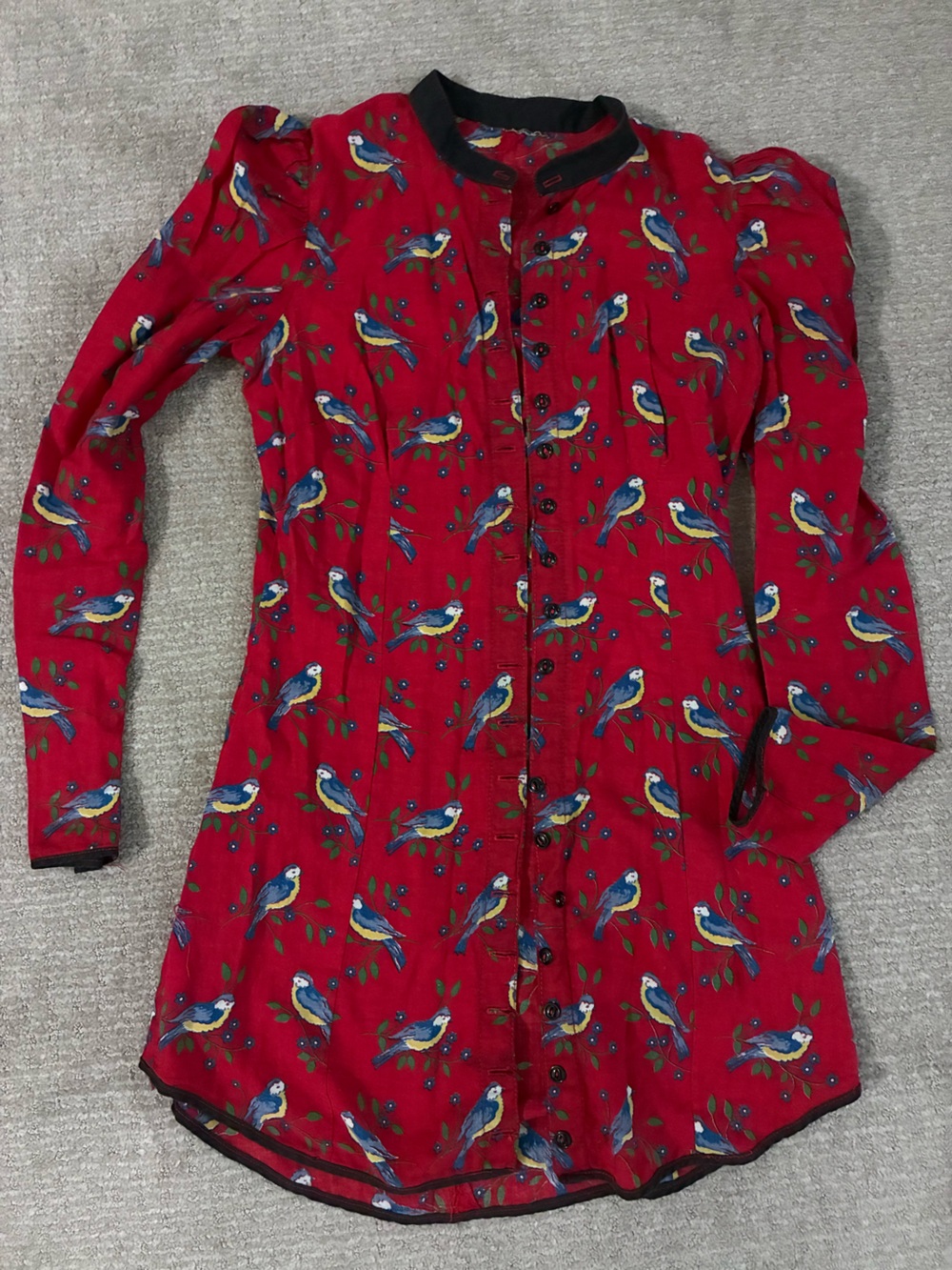 Vintage Red Long-Sleeve Dress with Blue & Yellow Bird Print